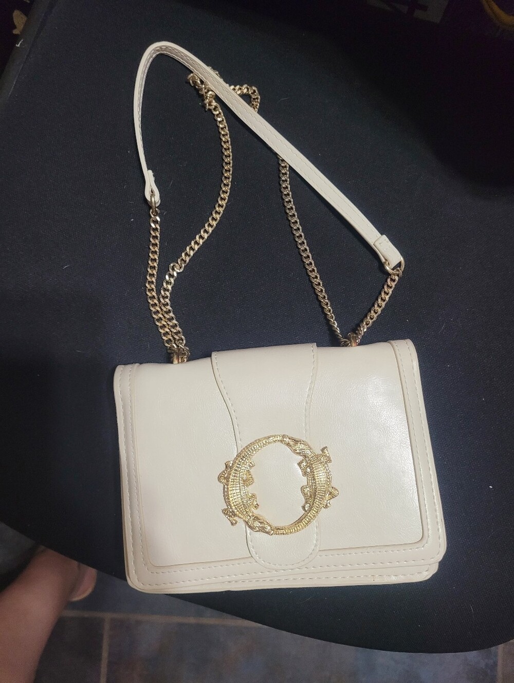 Zara Cream Chain Strap Crossbody Bag Purse with Gold Emblem